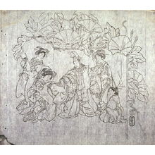 Kawanabe Ky?sai: Untitled (Morning Glories, Three Women and Child Attending Costumed Youth... ) seventh of a group of thirteen proofs from the key blocks of fan prints combining genre and floral studies - Legion of Honor