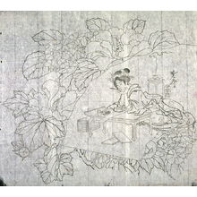 Kawanabe Ky?sai: Untitled (Mallows and Hydrangea, Woman Seated at Writing Desk), second of a group of thirteen proofs from the key blocks of fan prints combining genre and floral studies - Legion of Honor