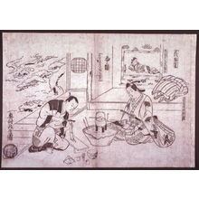 Okumura Masanobu, 奥村政信 (Okumura Masanobu)による浮世絵「Shakuhachi Splitting a Flute for Firewood (Shakuhachi hachinoki), a parody of the noh play Hachinoku,from an untitled series of parodies of historical and literary subjects」