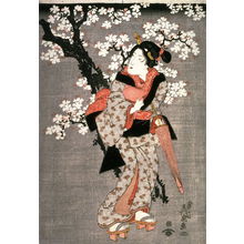 渓斉英泉: Three Geisha Standing Beneath Flowering Cherry Trees - Legion of Honor