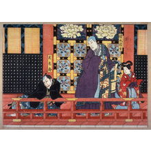 Utagawa Kunisada: Actors as Kiyomizu Seigen and Shokuro in scenes from a play based on the romance between the Abbot Seigen and Sakurahime from an untitled series of half-block scenes from kabuki plays - Legion of Honor