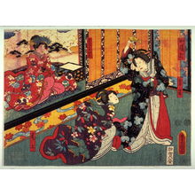 Japanischer Druck "Actors as Iwafuji, Onoe, and Tamateruhime in The Sandal Blow (Zoriuchi) from the play Kagamiyama, from an untitled series of half-block scenes from kabuki plays" von Utagawa Kunisada, 歌川国貞 (Utagawa Kunisada)