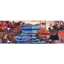 Japanischer Druck "Actors as Kuganosuke, Daihanji, Sadaka, Hinadori, and the servant Okiku in a scene from the play Imoseyama, from an untitled series of half-block scenes from kabuki plays" von Utagawa Kunisada, 歌川国貞 (Utagawa Kunisada)