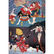 Utagawa Kunisada: Actors as the Yakko Tobahei and Yodohei, the Ghost of Seigen, and Sakurahime in scenes from a play based on the romance between the Abbot Seigen and Sakurahime from an untitled series of half-block scenes from kabuki plays - Legion of Honor