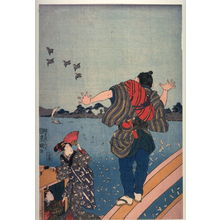 Utagawa Kunisada: Pilgrim scattering name ships from railing of bridge - Legion of Honor