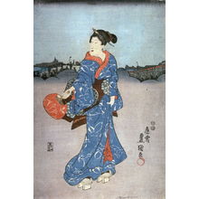 Japanischer Druck "Geisha strolling at night near Ruogoku Bridge" von Utagawa Kunisada, 歌川国貞 (Utagawa Kunisada)