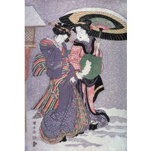 Utagawa Kuniyasu, 歌川国安 (Kuniyasu)による浮世絵「Geisha and attendant walking in snow」