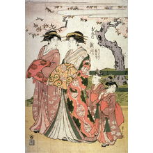 Eishi: The Courtesan Takigawa of the Tamaya with Attendants ( a Shinzo and Her Two Kamuro, Chidori and Namiji) (Tamaya no uchi Takigawa, Chidori, Namiji) - Legion of Honor