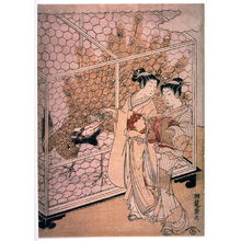 Isoda Kory?sai: Two Women Strolling Past a Caged Peacock - Legion of Honor