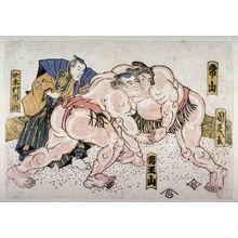 歌川国芳: The wrestlers Tsuneyama and Ioyama and the umpire Kimma Ichinoske - Legion of Honor