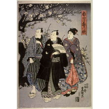 歌川国貞: The First Plum Blossoms in the Spring Sky (Shunsho ume no sakigake), right panel of a triptych of actors standing by a plum tree at night - Legion of Honor