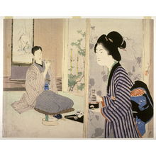 Mizuno Toshikata: Waitress Bringing Wine to a Seated Guest, frontispiece for a novel - Legion of Honor