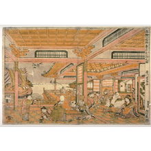 Utagawa Toyoharu: Thd Seven Gods of Good Fortune Celebrating Their Longevity (Shichifukujin kotobuki suehiro asobi no zu) from the series Perspective Pictures (Ukie) - Legion of Honor