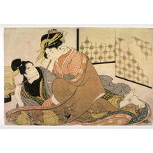 喜多川歌麿: Courtesan with an Adolescent Client, frontispiece of the shunga album Unraveling the Threads of Desire - Legion of Honor
