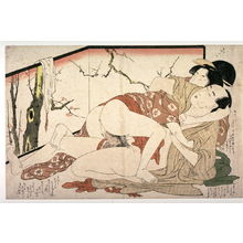 喜多川歌麿: Couple making love by painted screen - Legion of Honor