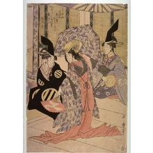 Kitagawa Utamaro: Shizuka Gozen Toses Her Sleeve as She Dances Before Yoritomo at the Palace in Tsurugaoka ( Tsurugaoka wakamiya ni oite shizukajo sode o mai) , central panel of a diptych - Legion of Honor