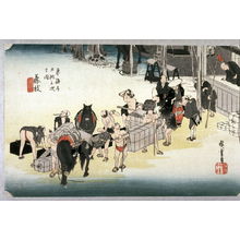 Utagawa Hiroshige: Changing Porters and Horses at Fujieda (Fujieda jimba tsugitate), no. 23 from the series Fifty-three Stations of the Tokaido (Tokaido gosantsugi no uchi) - Legion of Honor