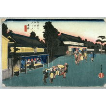 Utagawa Hiroshige: Stores Selling Dyed Cloth at Arimatsu near Narumi (Narumi meibutsu arimatsu shibori), no. 41 from the series Fifty-three Stations of the Tokaido (Tokaido gosantsugi no uchi) - Legion of Honor