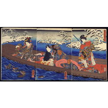 Utagawa Kuniyoshi: Water: the Drifting Boat--Genji and Two Companions Watching Ducks in Snowy River (Mizu: Ukifume), from the series The Five Elements (Mitate gogyo) - Legion of Honor