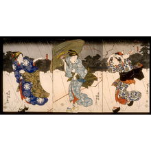 Utagawa Kunisada: Three Women in a Thunder Shower near Mimeguri Shrine - Legion of Honor