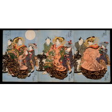 Japanese Print "The Courtesans Takamura, Michitase, and Tsukihime of the Miura Establishment Strolling in the Moonlight" by Utagawa Kunisada, 歌川国貞 (Utagawa Kunisada)