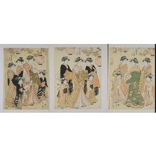 Eishi: Courtesans Hanaogi of the Ogiya Attended by Yoshino and Tatsuta, Senzan of the Chojiya Attended by Yasoji and Isoji, Segawa of the Matsubaya attended by Takeno and Sasano (Ogiya no uchi Hanaogi, Yoshino, Tatsuta; Chojiya no uchi Senzan, Yasoji, Isoji; Matsubaya no uchi, Segawa, Takeno, Sasano - Legion of Honor