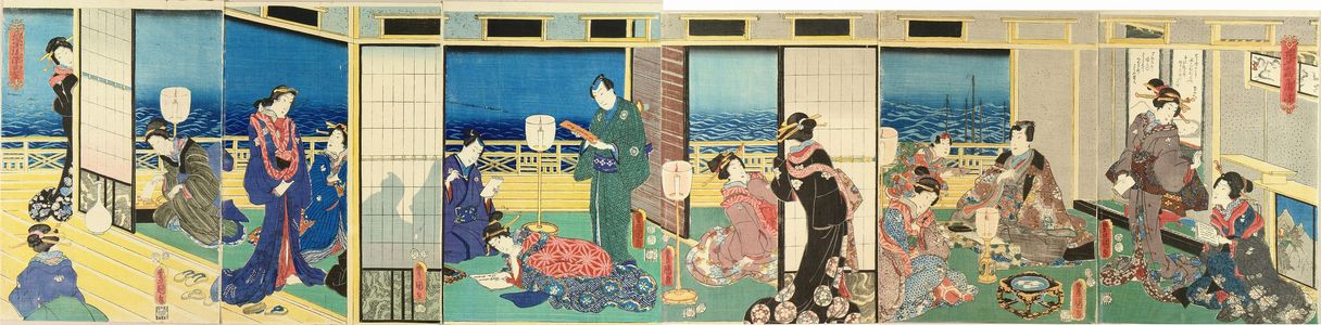 Utagawa Kunisada: Genji surrounded by beauties in a terraced room overlooking Sodegaura, six sheets, 1855 - Hara Shobō