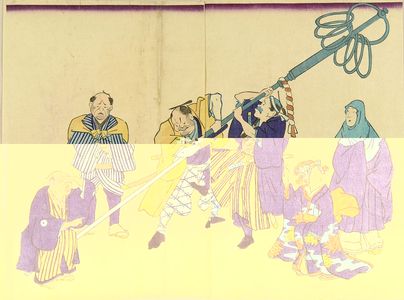 UNSIGNED: A caricature, illustrating people holding a giant crosier, diptych - Hara Shobō