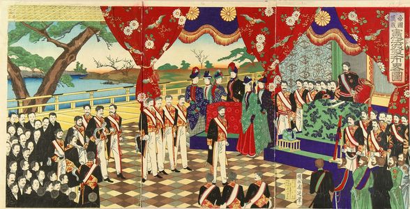 Toyohara Chikanobu: Ceremony of proclaiming the constitution, triptych, 1889 - Hara Shobō