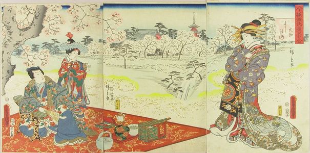 Utagawa Hiroshige II: Genji viewing cherry blossoms at Mount Yoshino, triptych, 1862 - Hara Shobō