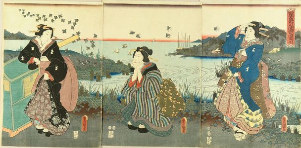 Utagawa Kunisada: Jewell River of Noda, Mutsu Province, triptych, 1856 - Hara Shobō