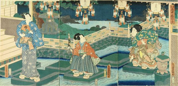 歌川国貞: Genji and a beauty by a stream in a garden, triptych, 1862 - 原書房