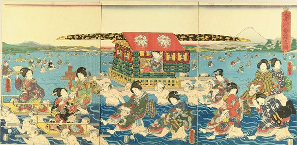 歌川国貞: Palanquin ferry at Oi River, triptych, 1858 - 原書房