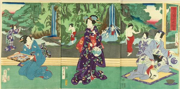 Utagawa Kunisada II: Genji and beauties before waterfall at Saga, triptych, 1867 - Hara Shobō