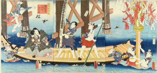 Utagawa Kunisada: Four celebrated actors performing a parody of - Hara Shobō