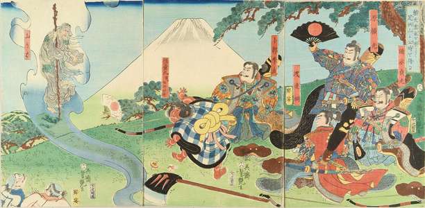 Utagawa Yoshitsuya: Minamoto no Yorimitsu meeting Sakata Kintoki, triptych, 1858 - Hara Shobō