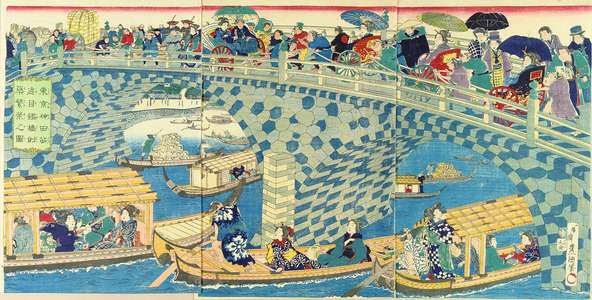 TOYOKUNI IV: Prosperity of the newly-built Meganebashi (eyeglass-bridge) at Kanda Sujikai, Tokyo, 1873 - 原書房