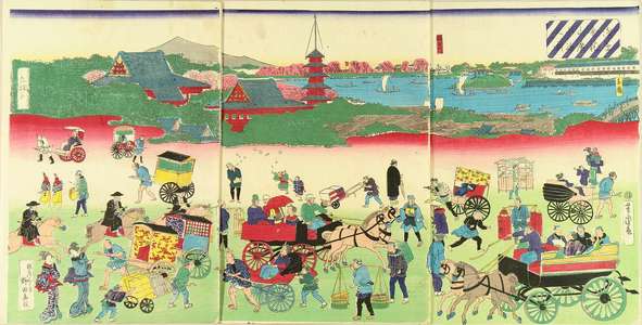 YOSHITORA & RISSHO: View of the broad street and Kinryuzan Temple, Asakusa, triptych, 1871 - 原書房