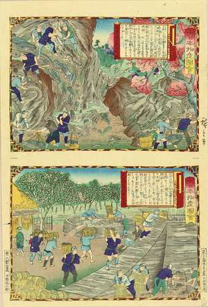 三代目歌川広重: An uncut sheet illustrating Lime stone manufacture in Mino Province, from - 原書房