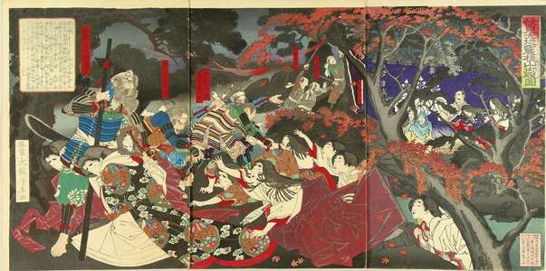 Tsukioka Yoshitoshi: Kato Kiyomasa protecting Toyotomi Hideyoshi while taking refuge to Momoyama after earthquake of Fushimi, triptych, 1885 - Hara Shobō