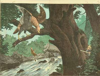 小林清親: A hunter and eagle, diptych, 1880 - 原書房