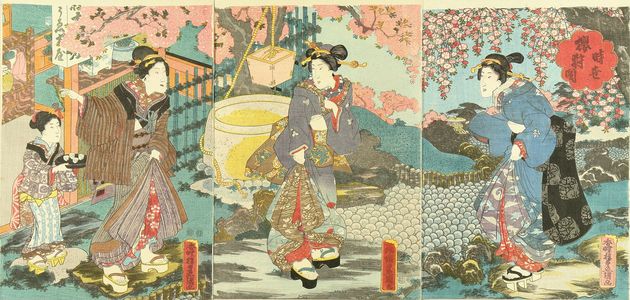 歌川国貞: Beauties by a teahouse in a cherry garden, triptych, c.1848 - 原書房