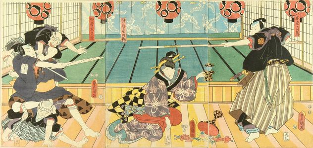 歌川国貞: A scene of a kabuki performance, triptych, 1852 - 原書房