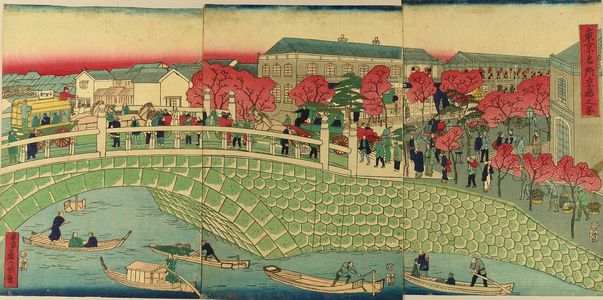 HIROSHIGEIII: View of Kyobashi, triptych, 1875 - Hara Shobō