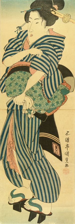 歌川国貞: A full-length portrait of a beauty holding a towel, vertical diptych, c.1818 - 原書房