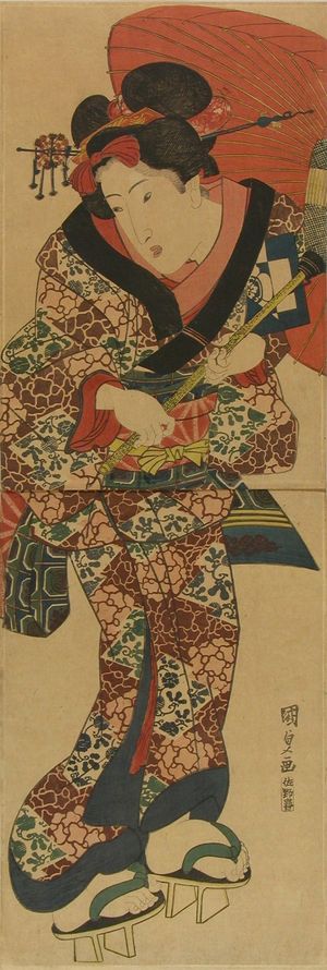 歌川国貞: A beauty holding an umbrella, vertical diptych, c.1829 - 原書房