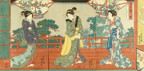 歌川国貞: Beauties on a corridor by a garden, titled Nezu, from - 原書房