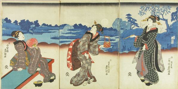 歌川国貞: Three beauties viewing the moon, triptych, c.1844 - 原書房