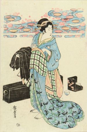 歌川広重: A standing beauty holding a black robe, c.1825 - 原書房