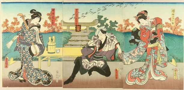 Utagawa Kunisada: A scene of a kabuki performance, triptych, 1853 - Hara Shobō